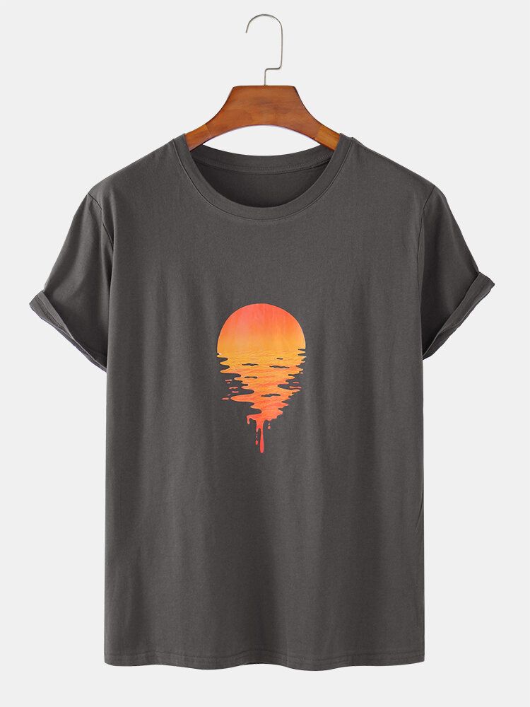 100% Algodón Diseño Sunset Print Cuello Redondo Manga Corta Camisetas Sueltas