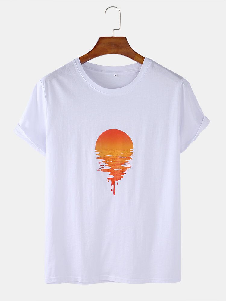 100% Algodón Diseño Sunset Print Cuello Redondo Manga Corta Camisetas Sueltas