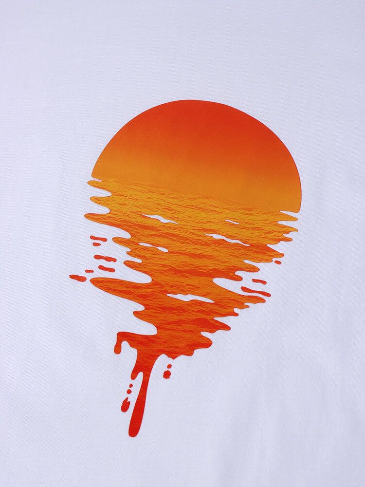 100% Algodón Diseño Sunset Print Cuello Redondo Manga Corta Camisetas Sueltas