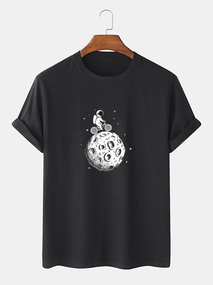 100% Algodón Divertido Astronauta Estampado Cuello Redondo Manga Corta Camisetas Casuales