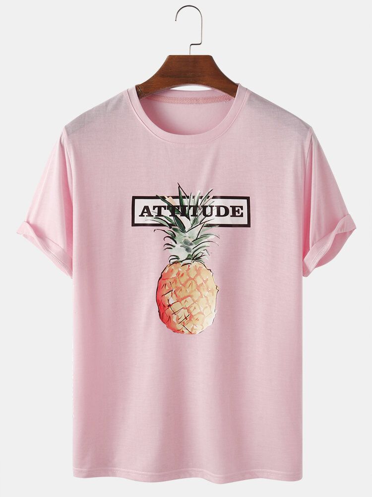 100% Algodón Estampado De Letras Estampado De Piña Camisetas Casuales De Manga Corta Rosadas