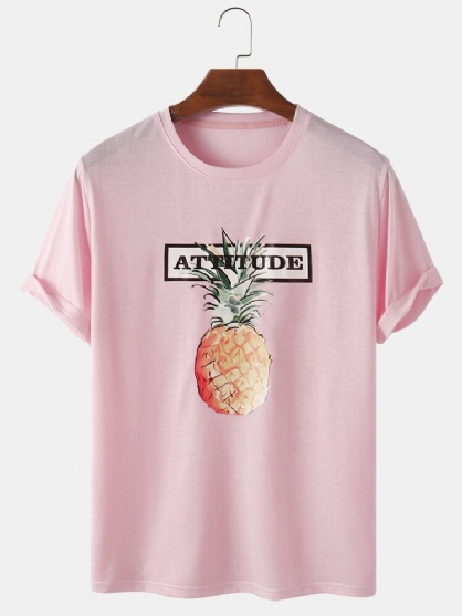 100% Algodón Estampado De Letras Estampado De Piña Camisetas Casuales De Manga Corta Rosadas