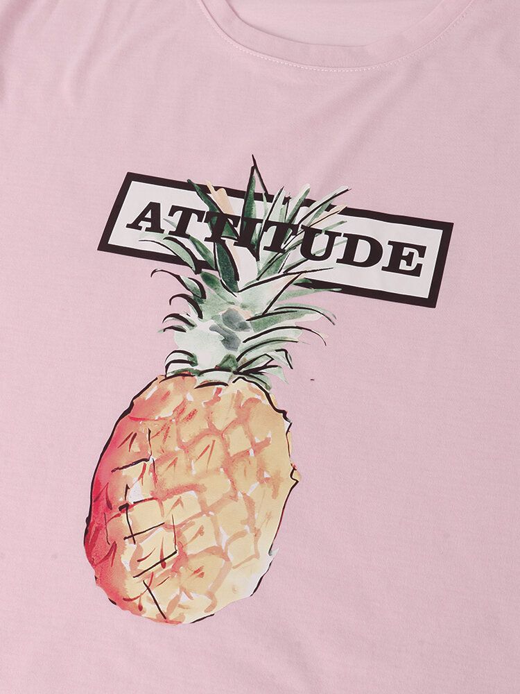 100% Algodón Estampado De Letras Estampado De Piña Camisetas Casuales De Manga Corta Rosadas