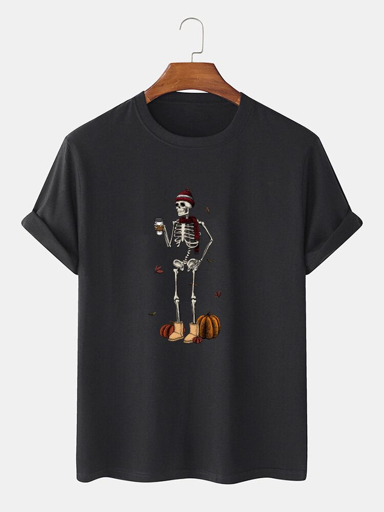 100% Algodón Para Hombre Divertidas Camisetas De Manga Corta Con Estampado De Esqueleto De Calabaza De Halloween