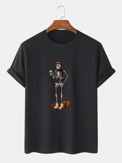 100% Algodón Para Hombre Divertidas Camisetas De Manga Corta Con Estampado De Esqueleto De Calabaza De Halloween