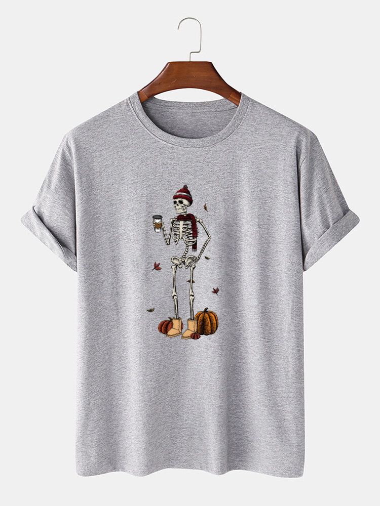 100% Algodón Para Hombre Divertidas Camisetas De Manga Corta Con Estampado De Esqueleto De Calabaza De Halloween