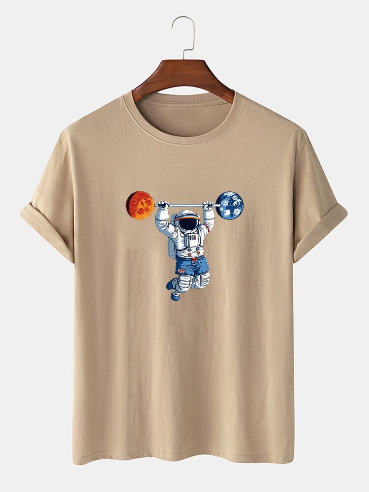 100% Algodón Para Hombre Estampado De Astronauta Cuello Redondo Manga Corta Camisetas Divertidas