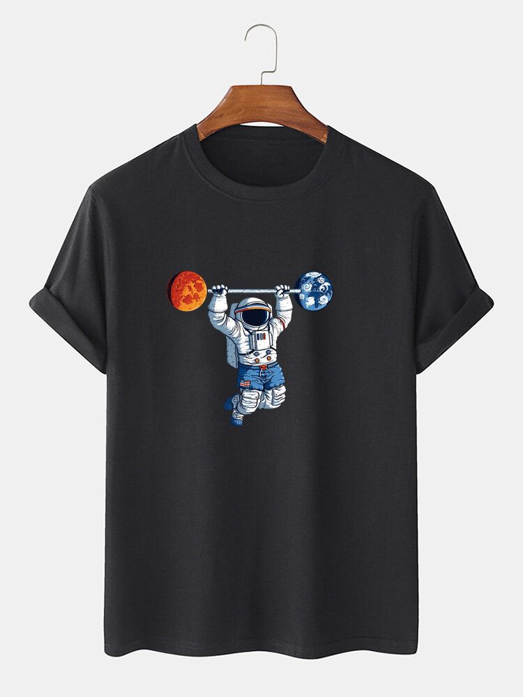 100% Algodón Para Hombre Estampado De Astronauta Cuello Redondo Manga Corta Camisetas Divertidas