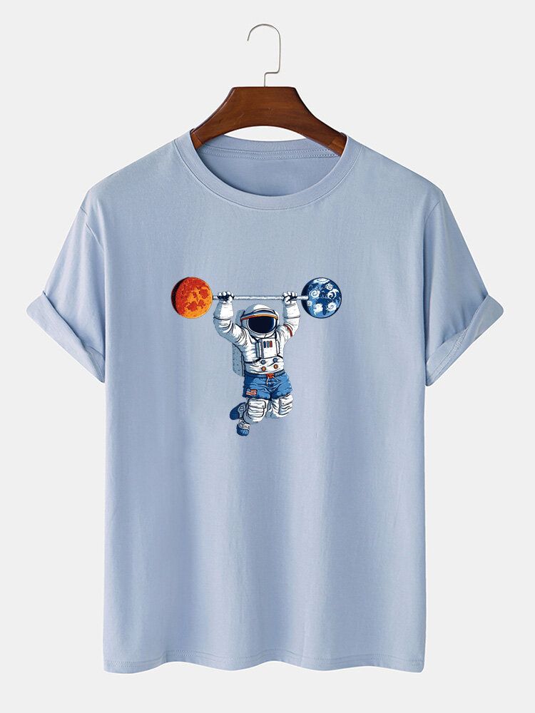 100% Algodón Para Hombre Estampado De Astronauta Cuello Redondo Manga Corta Camisetas Divertidas