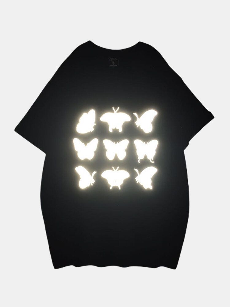 100% Algodón Reflectante Mariposa Impresa Camisetas Casuales De Manga Corta