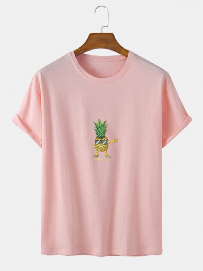 Algodón Happy Pineapple Patrón De Dibujos Animados Cuello Redondo Suelto Camisetas De Manga Corta