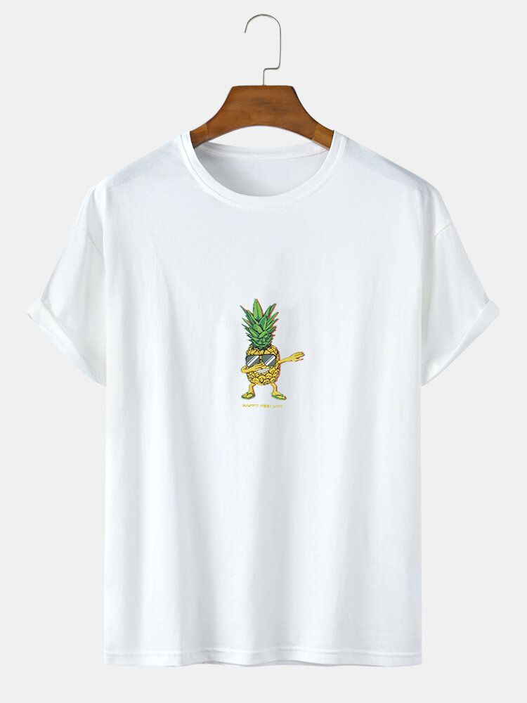 Algodón Happy Pineapple Patrón De Dibujos Animados Cuello Redondo Suelto Camisetas De Manga Corta