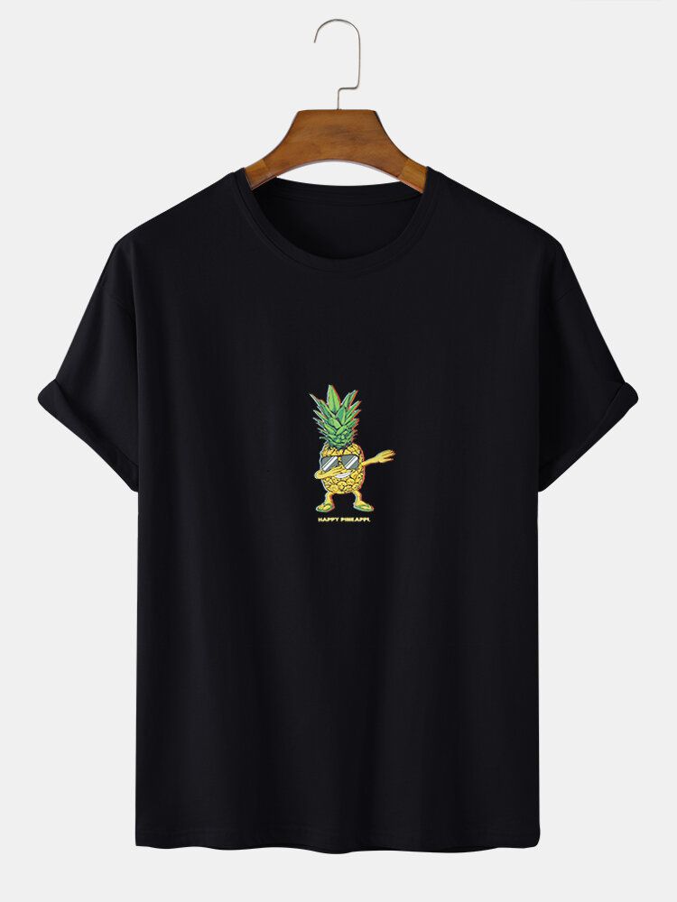 Algodón Happy Pineapple Patrón De Dibujos Animados Cuello Redondo Suelto Camisetas De Manga Corta