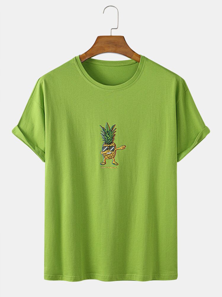 Algodón Happy Pineapple Patrón De Dibujos Animados Cuello Redondo Suelto Camisetas De Manga Corta