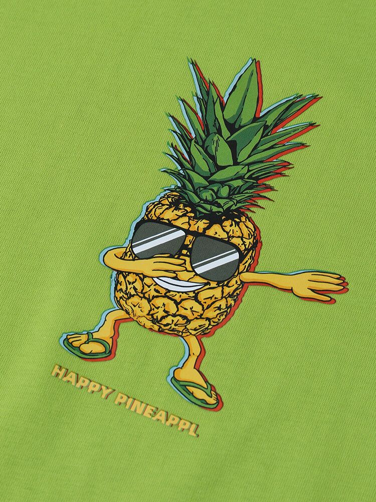 Algodón Happy Pineapple Patrón De Dibujos Animados Cuello Redondo Suelto Camisetas De Manga Corta