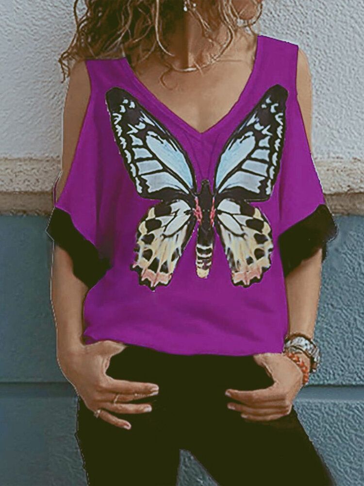 Blusa Informal Con Hombros Descubiertos Y Cuello En V Con Estampado De Mariposas Para Mujer