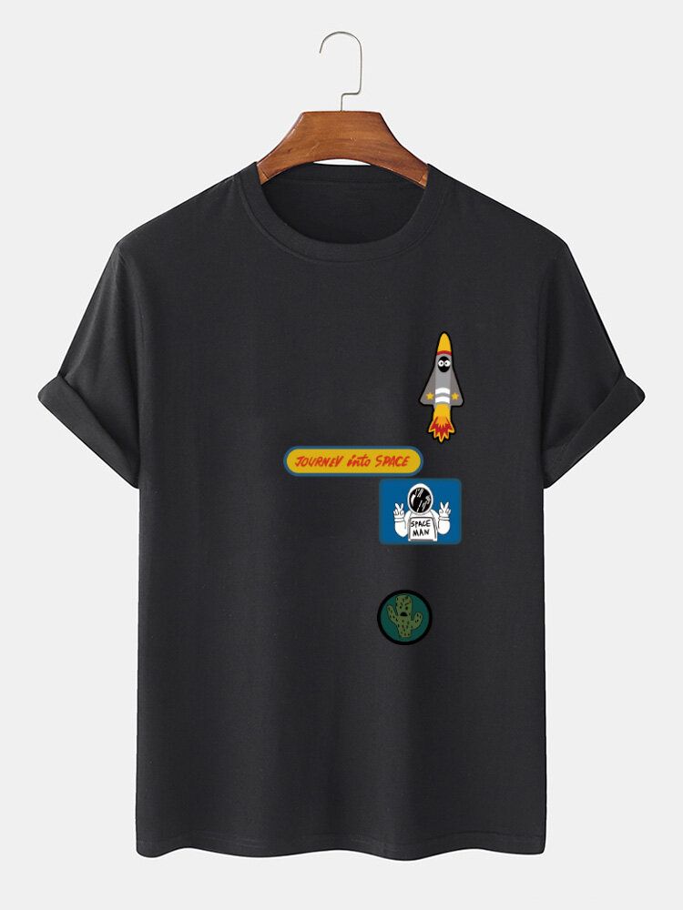 Camiseta De Algodón 100% Con Cuello Redondo Y Estampado De Cohete De Astronauta De Dibujos Animados Para Hombre