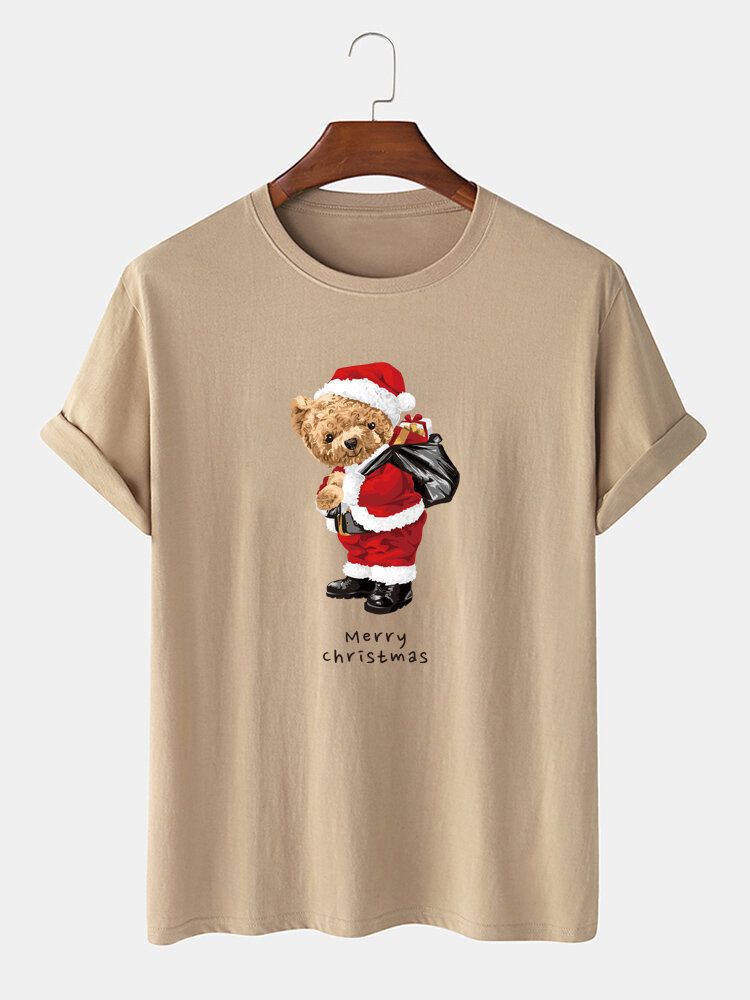 Camiseta De Algodón Casual Con Cuello Redondo Y Estampado Gráfico De Oso Navideño Para Hombre