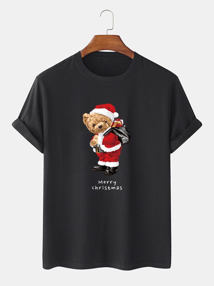 Camiseta De Algodón Casual Con Cuello Redondo Y Estampado Gráfico De Oso Navideño Para Hombre