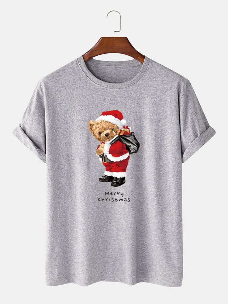 Camiseta De Algodón Casual Con Cuello Redondo Y Estampado Gráfico De Oso Navideño Para Hombre