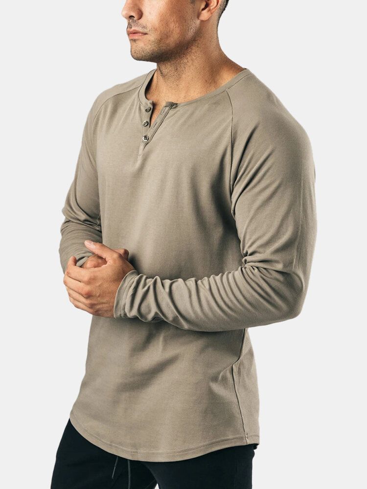 Camiseta Básica De Manga Larga Con Cuello Redondo Y Botones De Color Sólido De Algodón Para Hombre