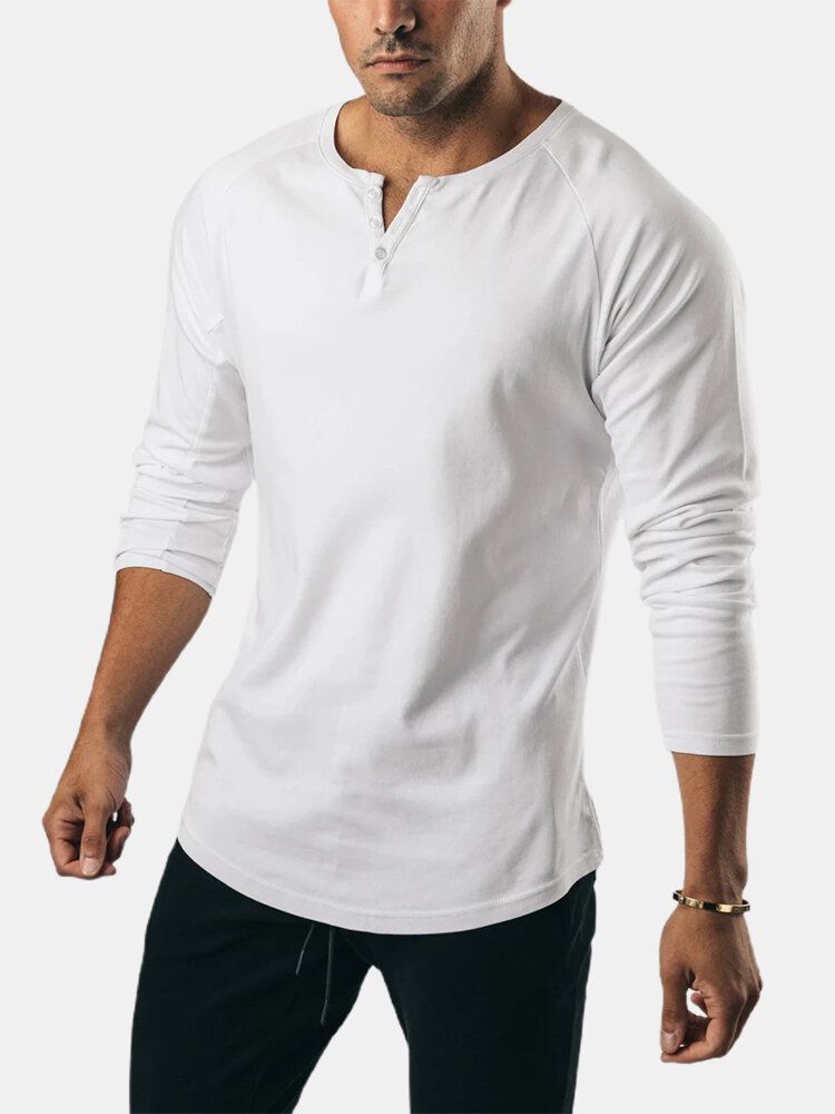 Camiseta Básica De Manga Larga Con Cuello Redondo Y Botones De Color Sólido De Algodón Para Hombre