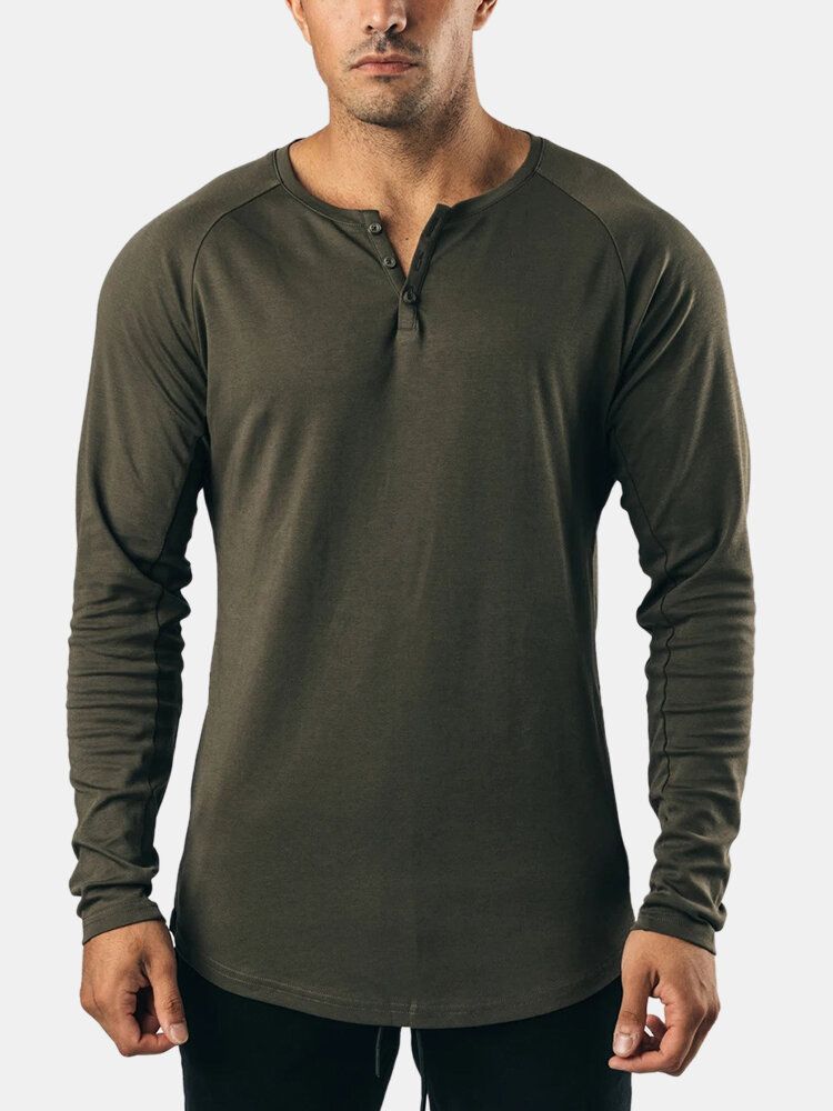 Camiseta Básica De Manga Larga Con Cuello Redondo Y Botones De Color Sólido De Algodón Para Hombre