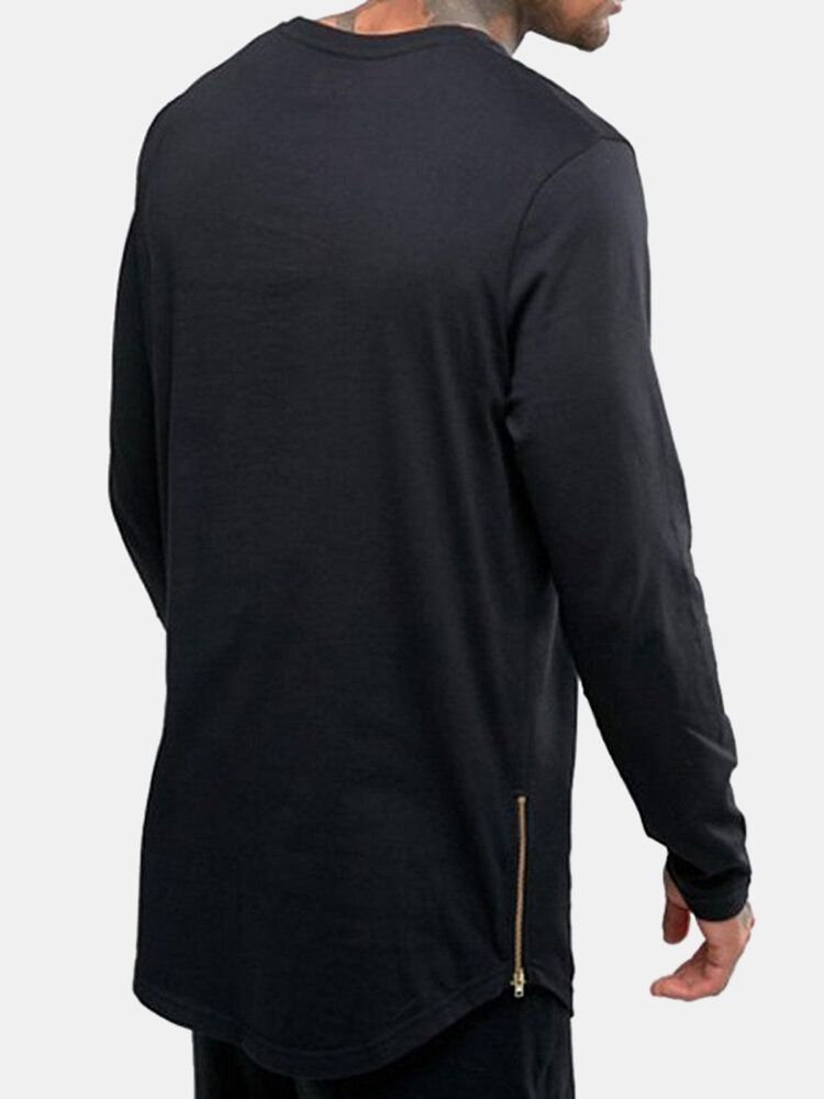 Camiseta Básica De Manga Larga Informal Con Cuello Redondo Y Cremallera Lateral Lisa De Algodón Para Hombre