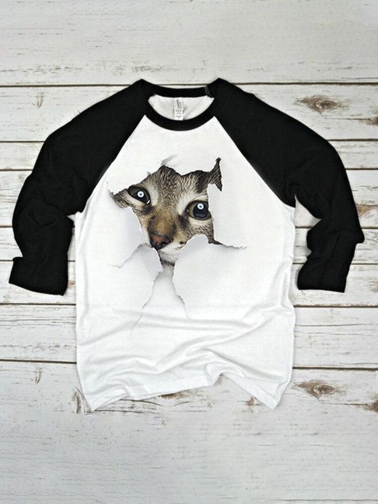 Camiseta Casual Con Cuello Redondo Y Manga Raglán Con Estampado De Gato En 3d Para Mujer