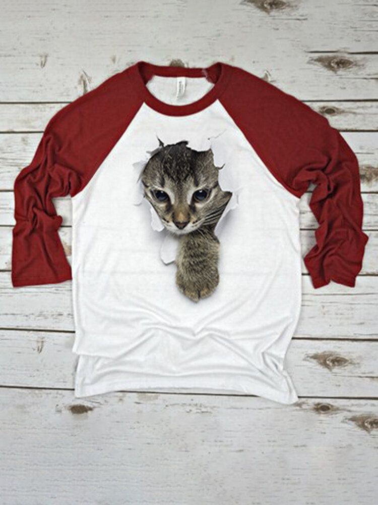 Camiseta Casual Con Cuello Redondo Y Manga Raglán Con Estampado De Pecho De Gato En 3d Para Mujer