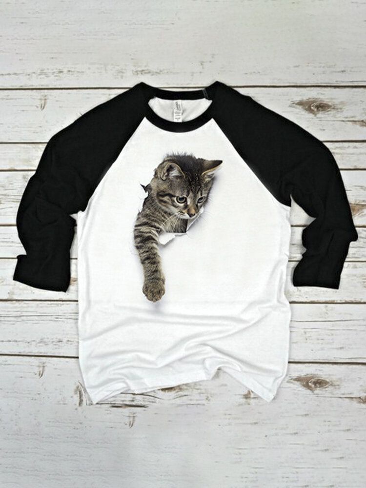 Camiseta Casual Con Cuello Redondo Y Mangas Raglán Con Estampado De Gato Lindo Para Mujer