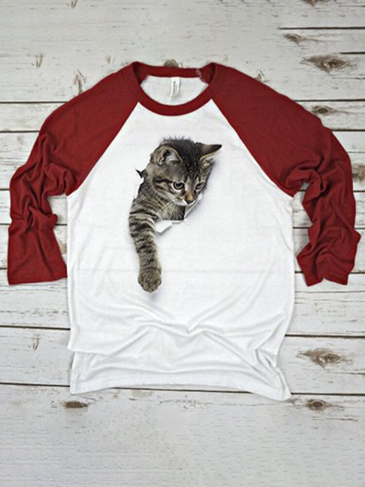 Camiseta Casual Con Cuello Redondo Y Mangas Raglán Con Estampado De Gato Lindo Para Mujer