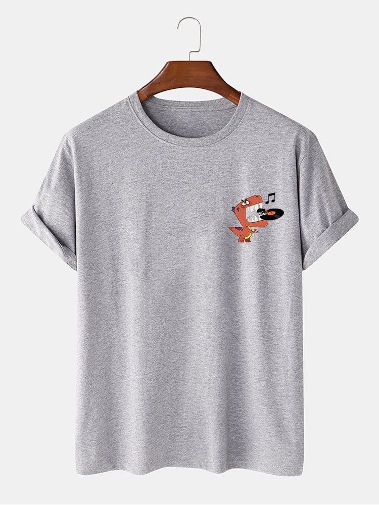 Camiseta Casual De Cuello Redondo Con Patrón De Dinosaurio De Dibujos Animados 100% Algodón Para Hombre