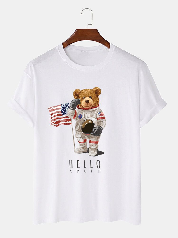 Camiseta Casual De Manga Corta De Algodón Con Estampado De Oso Astronauta De Dibujos Animados Para Hombre