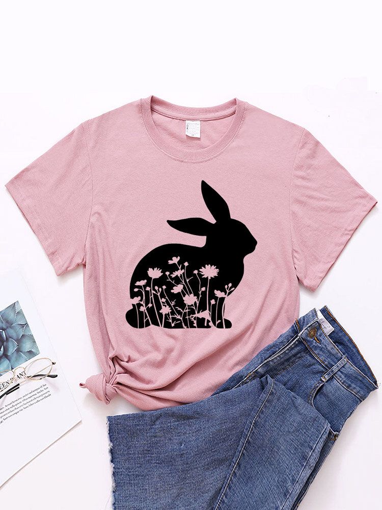 Camiseta Casual De Manga Corta Con Cuello Redondo Y Estampado Floral De Conejito De Pascua Para Mujer