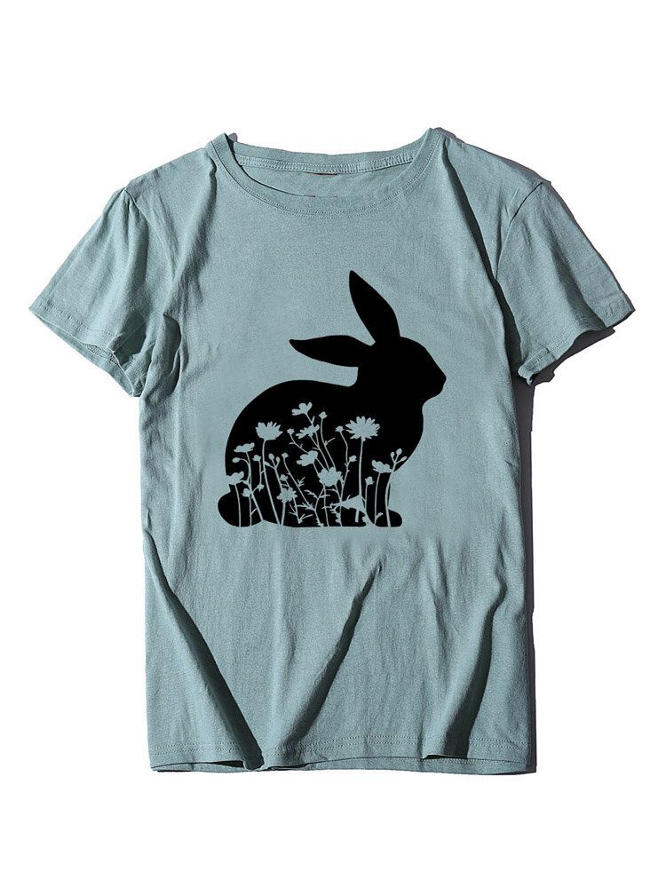 Camiseta Casual De Manga Corta Con Cuello Redondo Y Estampado Floral De Conejito De Pascua Para Mujer