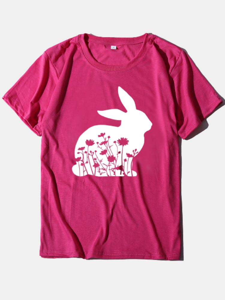 Camiseta Casual De Manga Corta Con Cuello Redondo Y Estampado Floral De Conejito De Pascua Para Mujer