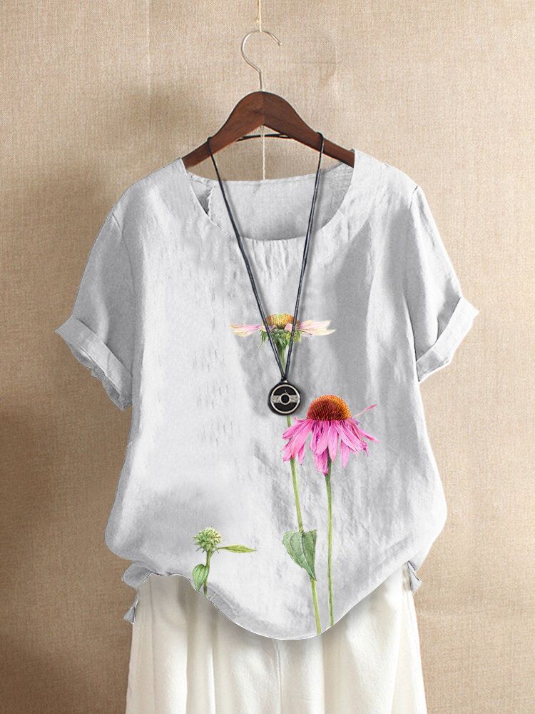 Camiseta Casual De Manga Corta Con Cuello Redondo Y Estampado De Flores Para Mujer