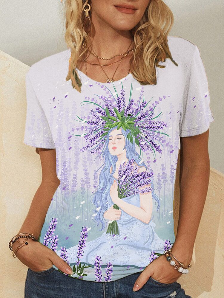 Camiseta Casual De Manga Corta Con Cuello Redondo Y Estampado De Flores Para Niña