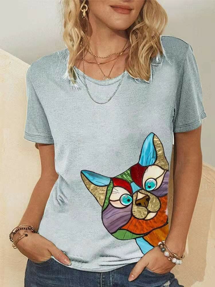 Camiseta Casual De Manga Corta Con Cuello Redondo Y Estampado De Gato De Dibujos Animados Para Mujer