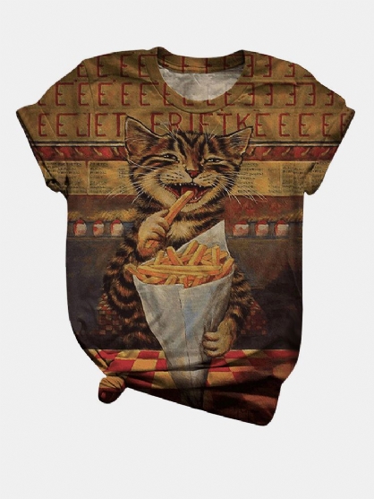 Camiseta Casual De Manga Corta Con Cuello Redondo Y Estampado De Gato Divertido Para Mujer