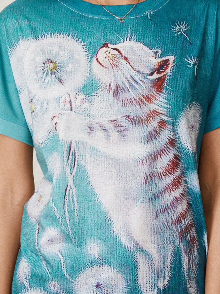 Camiseta Casual De Manga Corta Con Cuello Redondo Y Estampado De Gato De Flores De Dibujos Animados