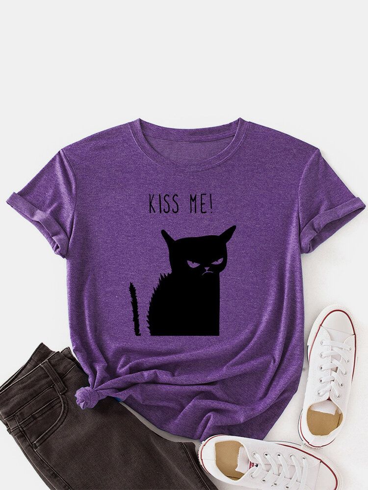 Camiseta Casual De Manga Corta Con Cuello Redondo Y Estampado De Gato Kiss Para Mujer