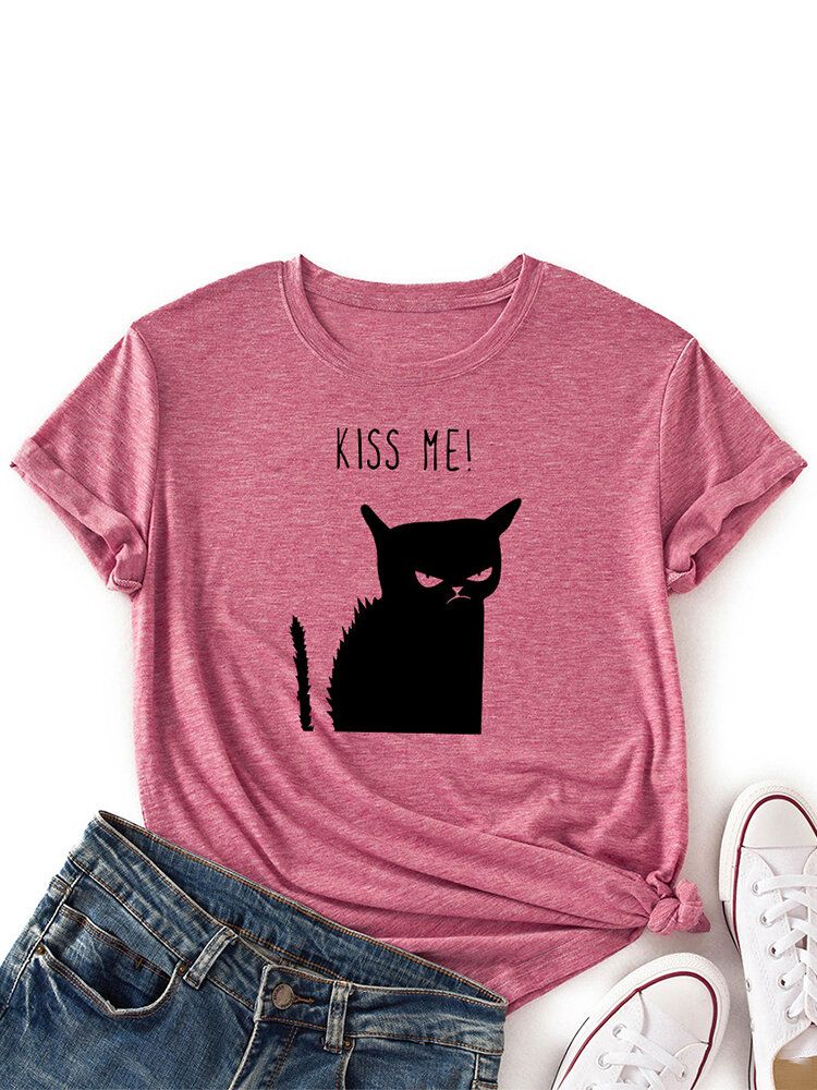 Camiseta Casual De Manga Corta Con Cuello Redondo Y Estampado De Gato Kiss Para Mujer