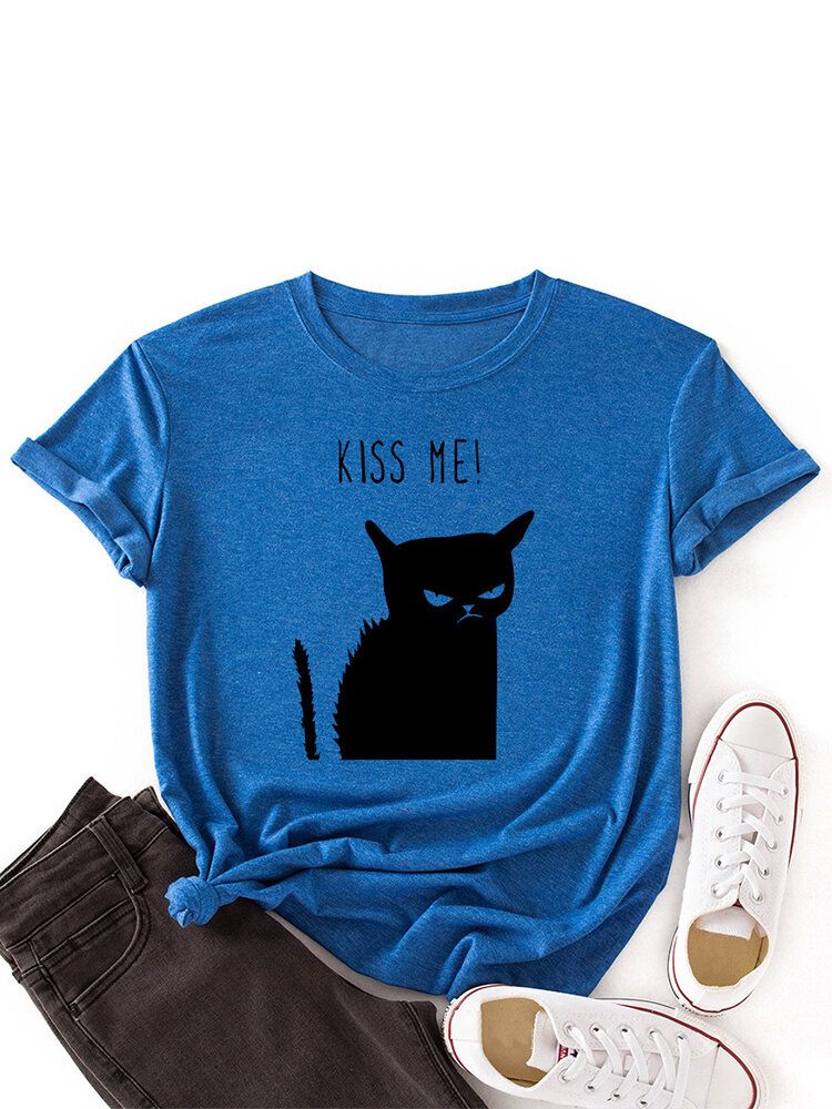 Camiseta Casual De Manga Corta Con Cuello Redondo Y Estampado De Gato Kiss Para Mujer