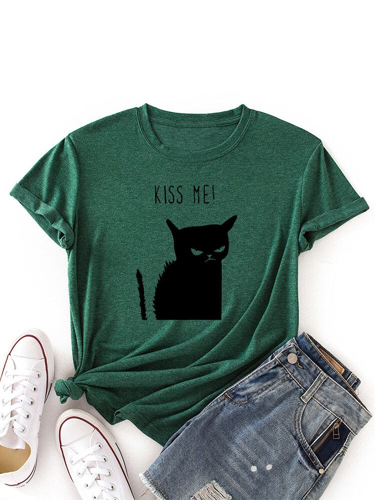 Camiseta Casual De Manga Corta Con Cuello Redondo Y Estampado De Gato Kiss Para Mujer