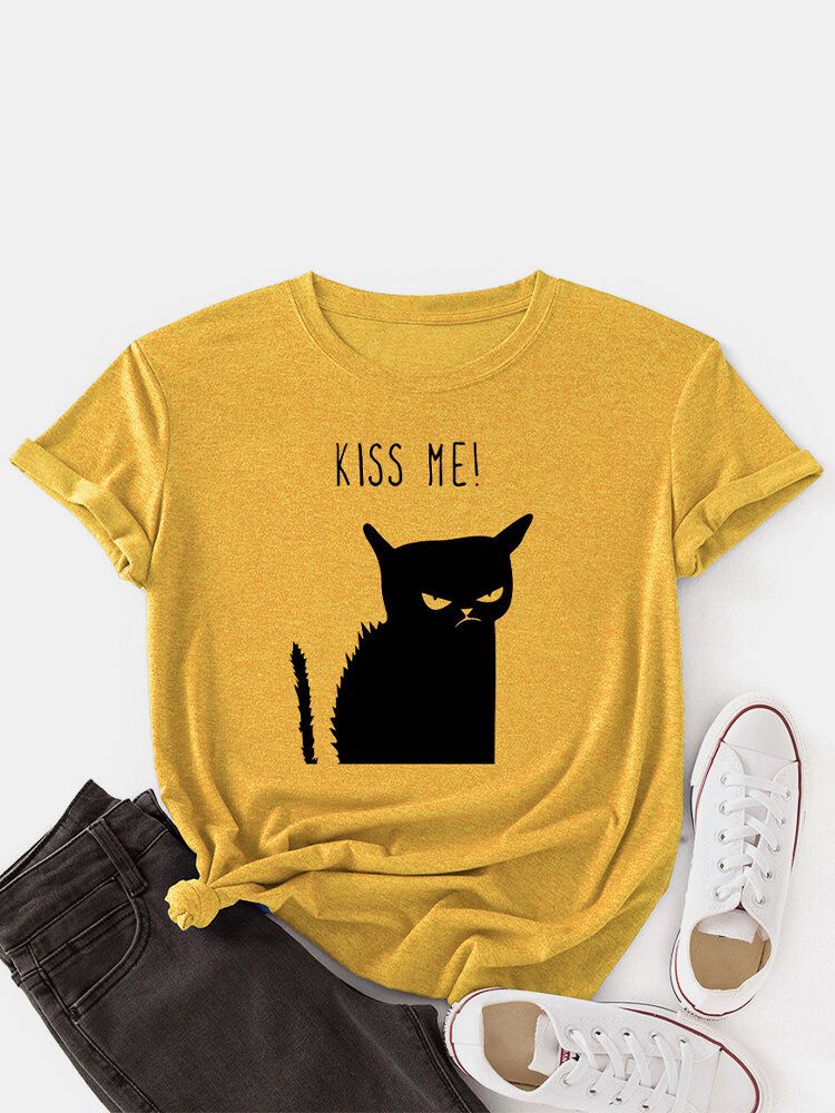 Camiseta Casual De Manga Corta Con Cuello Redondo Y Estampado De Gato Kiss Para Mujer