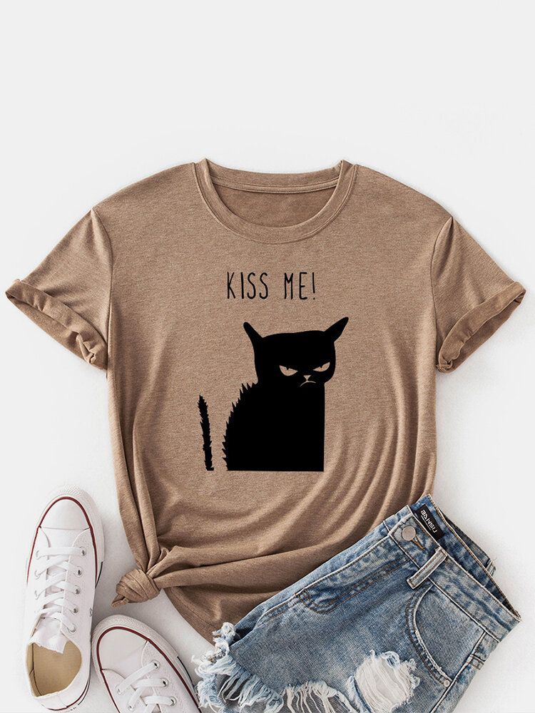 Camiseta Casual De Manga Corta Con Cuello Redondo Y Estampado De Gato Kiss Para Mujer