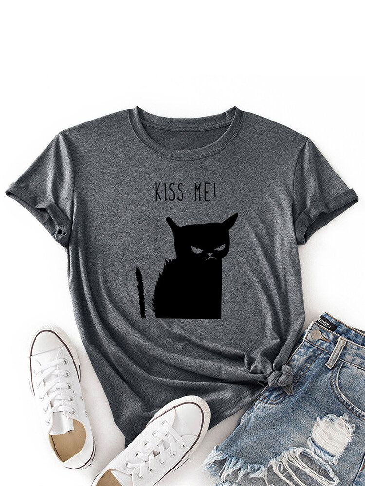 Camiseta Casual De Manga Corta Con Cuello Redondo Y Estampado De Gato Kiss Para Mujer