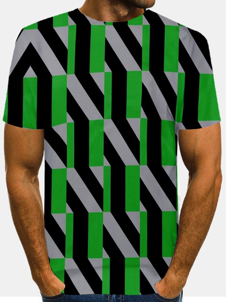 Camiseta Casual De Manga Corta Con Cuello Redondo Y Estampado Geométrico En Bloques De Color 3d Para Hombre